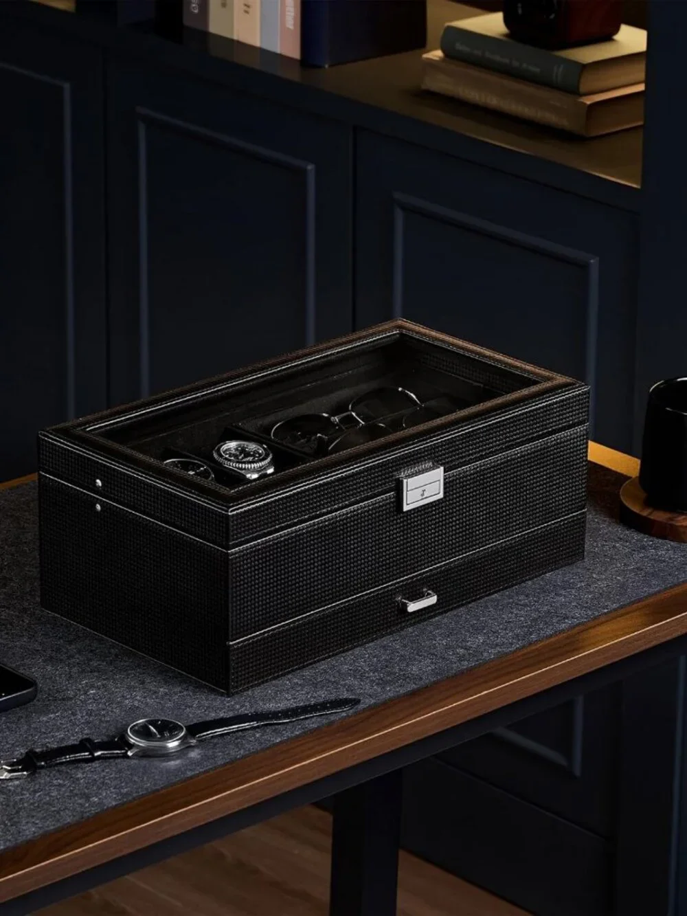 Stylish Men's Jewelry Organizer - 6 Slot Watch Box & 3 Slot Sunglass Holder